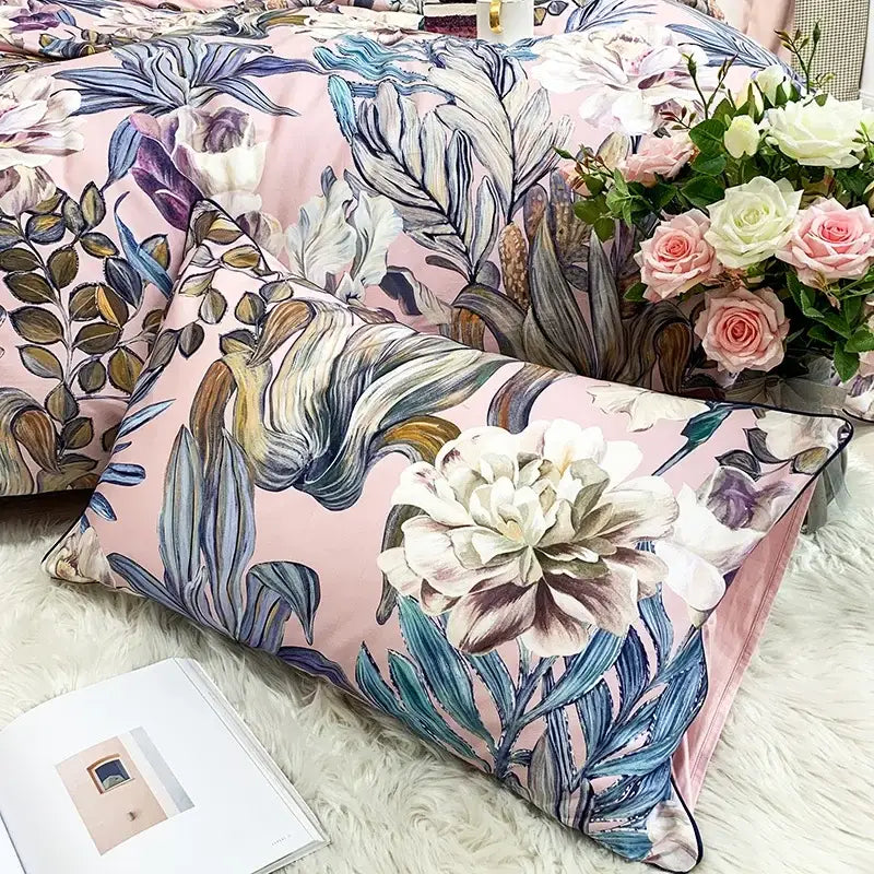 Luxury flamingo leaf gray satin duvet cover bedroom set 3 pieces