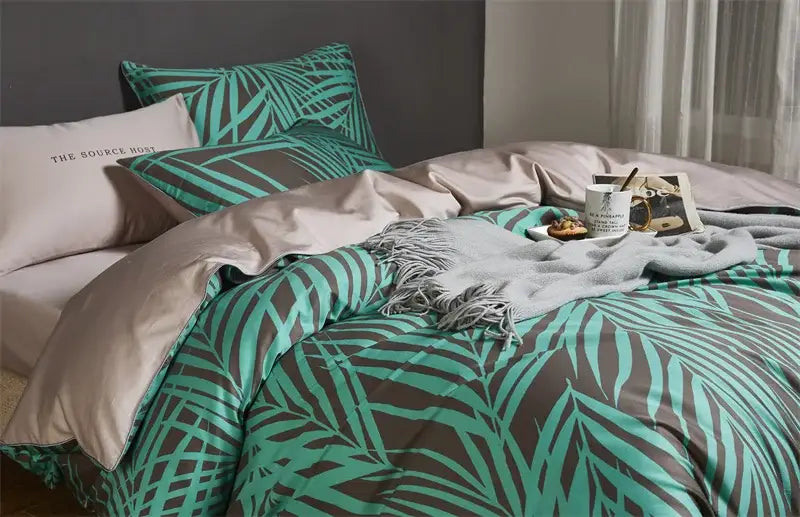 Luxury flamingo leaf gray satin duvet cover bedroom set 3 pieces
