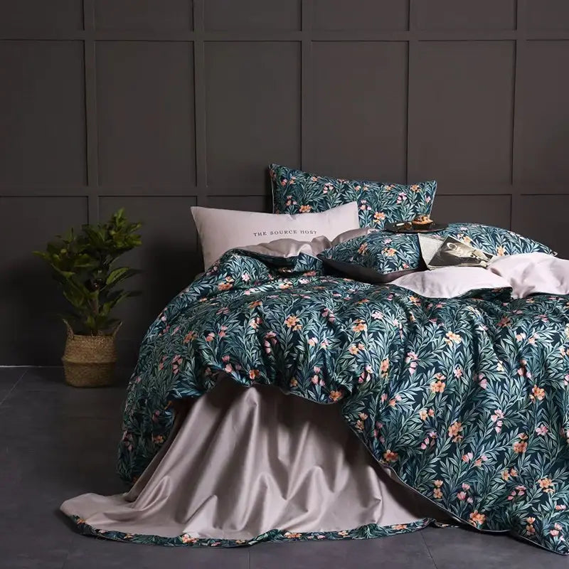 Luxury flamingo leaf gray satin duvet cover bedroom set 3 pieces