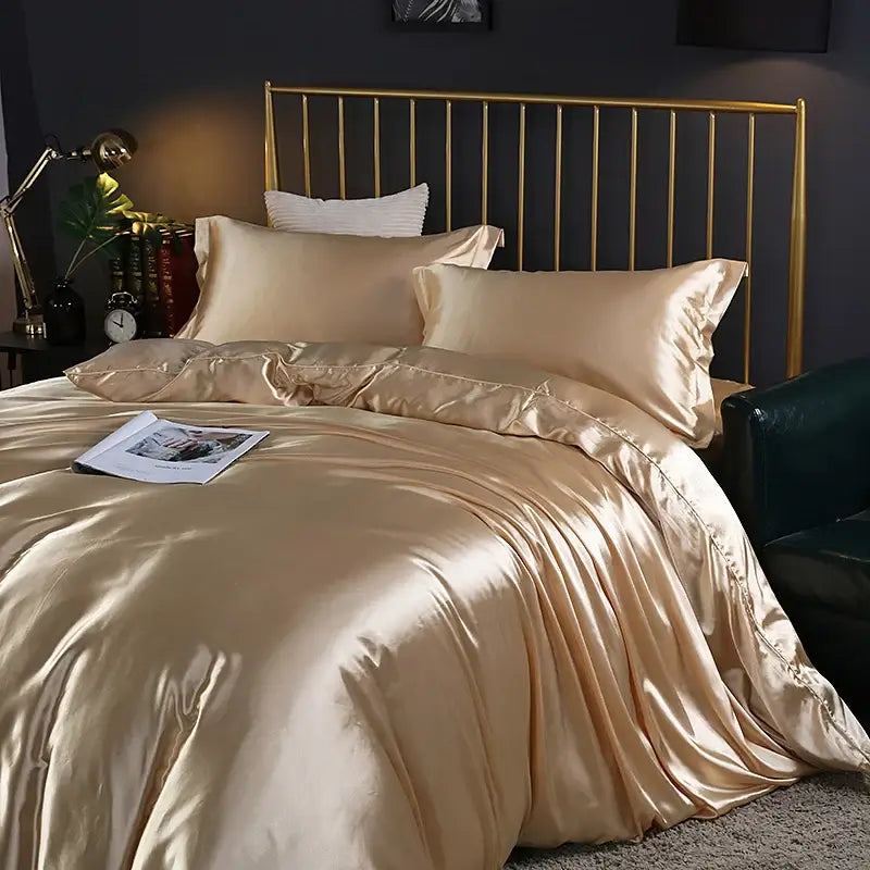 Luxury chocolate brown satin duvet cover bedroom bed sheet set