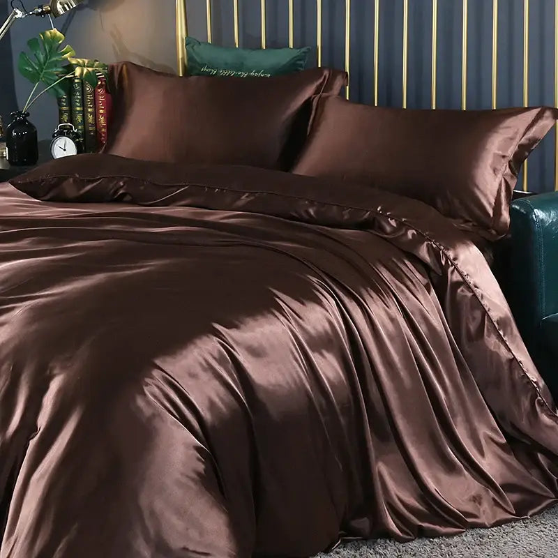 Luxury chocolate brown satin duvet cover bedroom bed sheet set