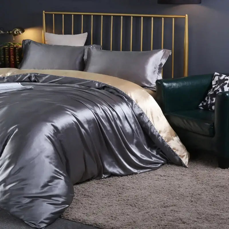 Luxury chocolate brown satin duvet cover bedroom bed sheet set