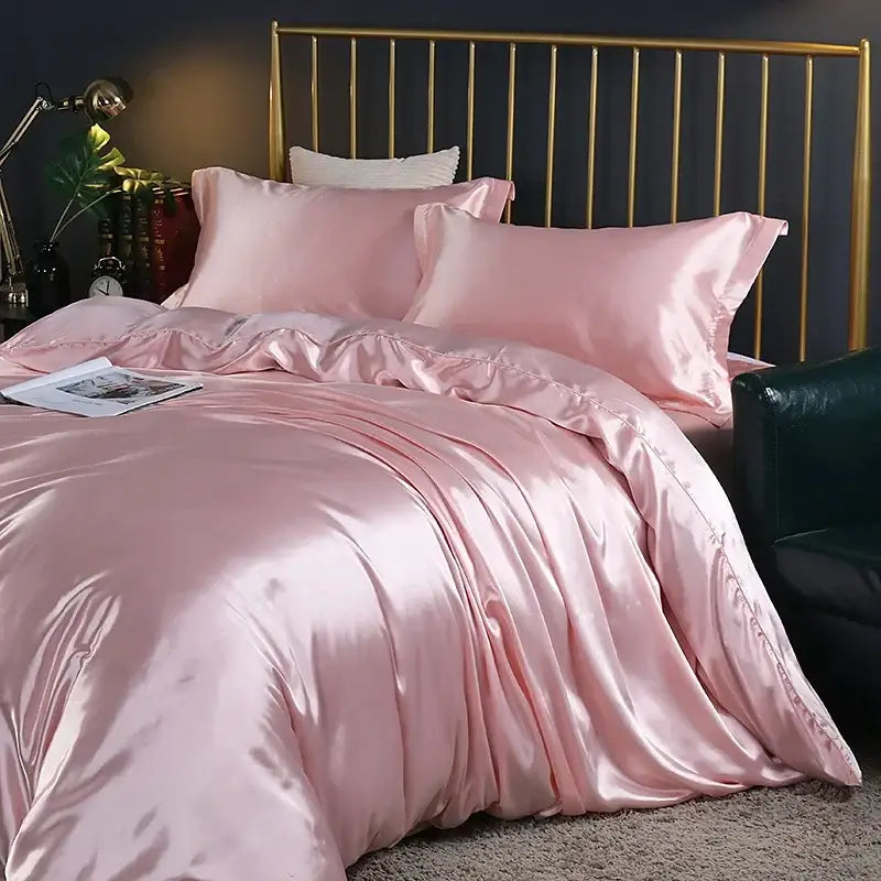 Luxury pink & silver satin duvet cover bedroom bedding set