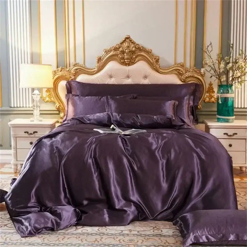 Luxury purple satin bedding set with duvet cover bedroom decor