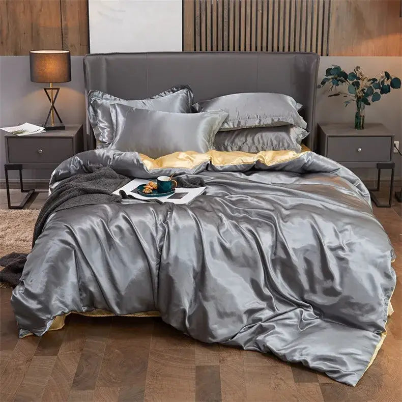 Luxury silver satin solid color bedding set with pc duvet cover bedroom