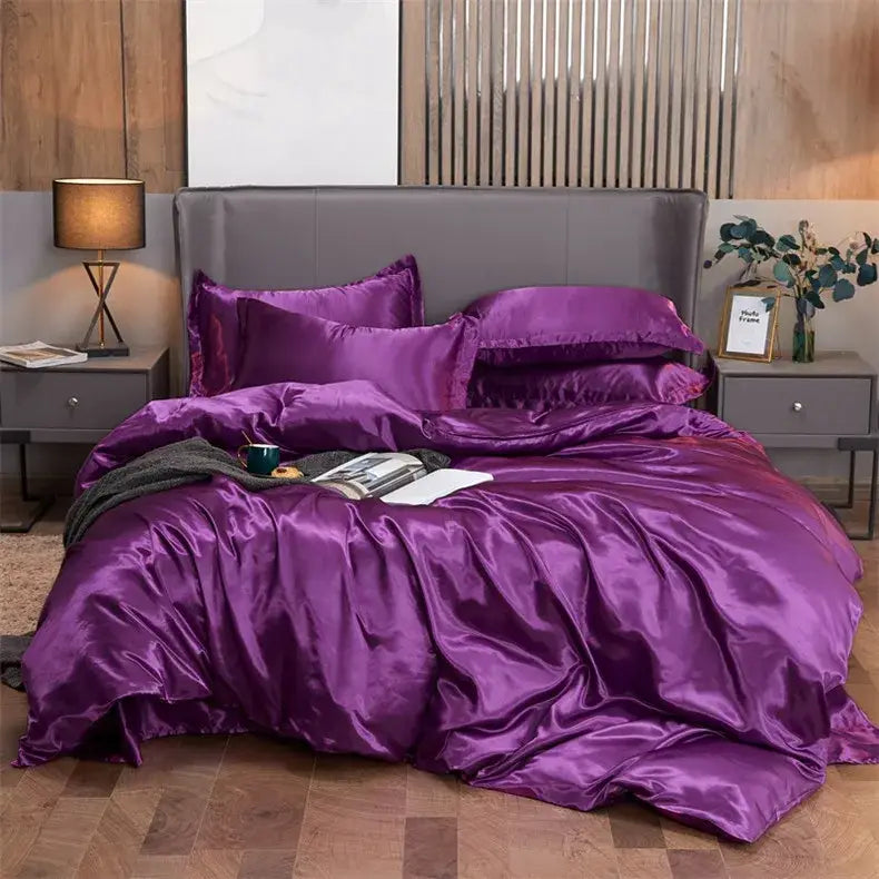 Luxury fuchsia satin solid color bedding set with bedroom duvet cover