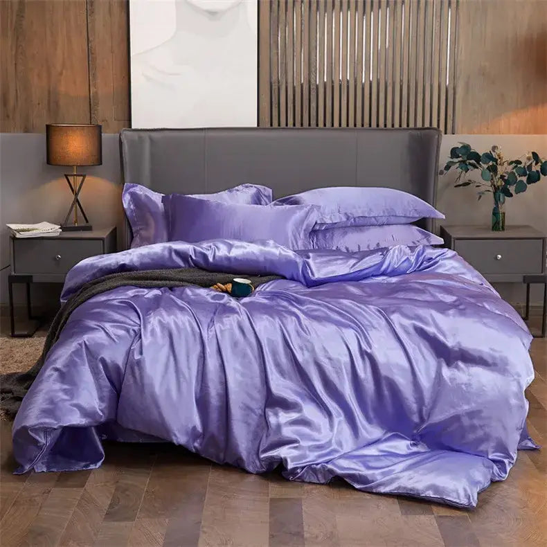 Luxury lavender glossy satin 4pc duvet cover bedding set bedroom