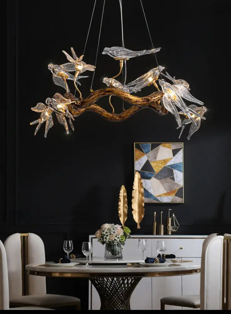 Vintage gold glass bird chandelier dining room dragonfly branch light