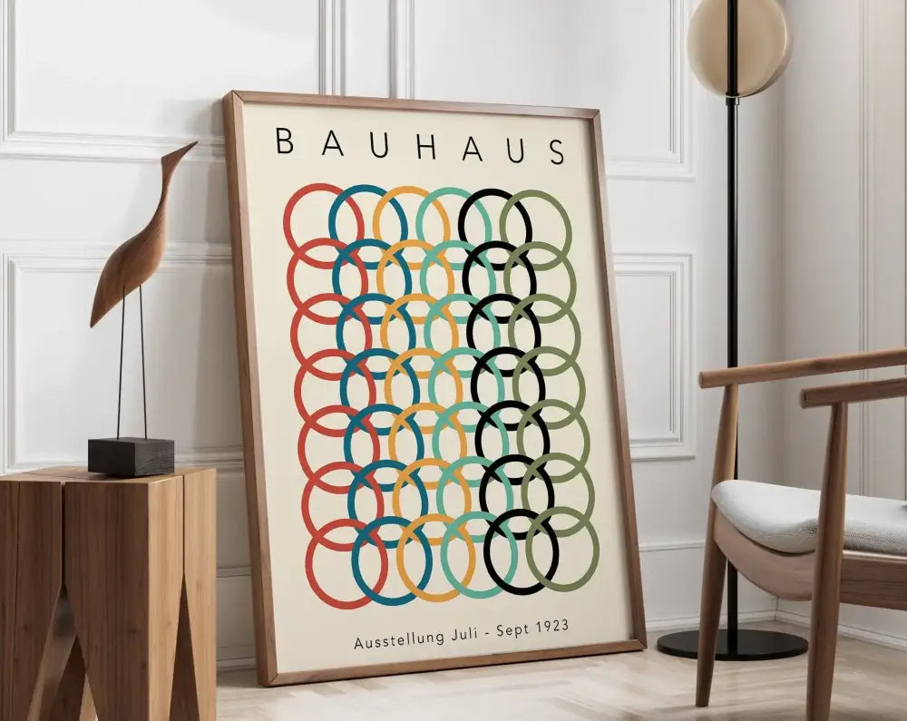 Bauhaus teal and orange geometric canvas wall art for living room
