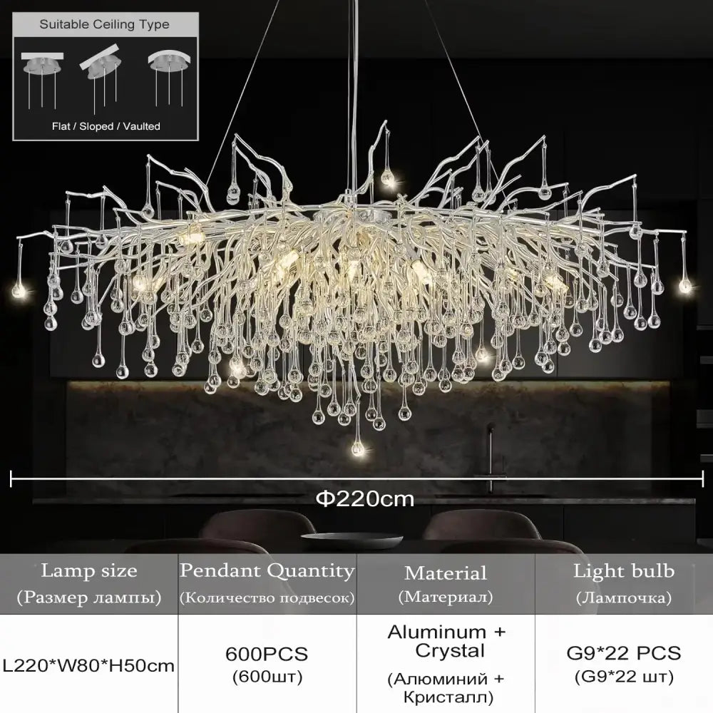 Modern chrome branching crystal chandelier living room light