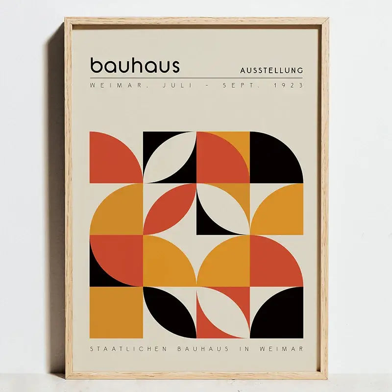 Modern geometric bauhaus orange and red framed art living room decor