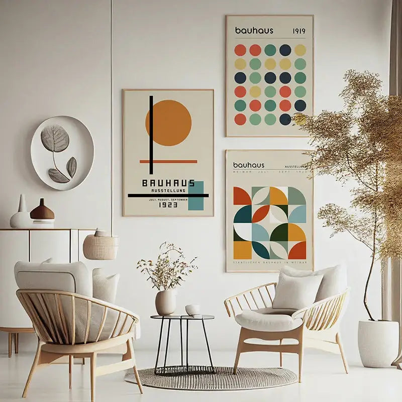 Modern geometric bauhaus orange and red framed art living room decor