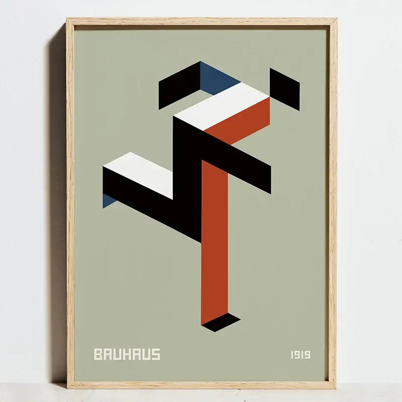 Modern geometric bauhaus orange and red framed art living room decor