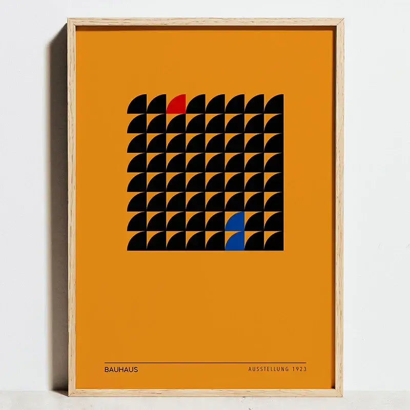 Modern geometric bauhaus orange and red framed art living room decor