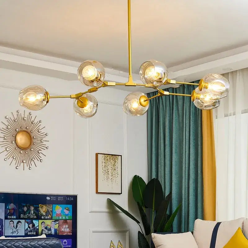 Modern black & gold amber glass ball chandelier dining room pendant