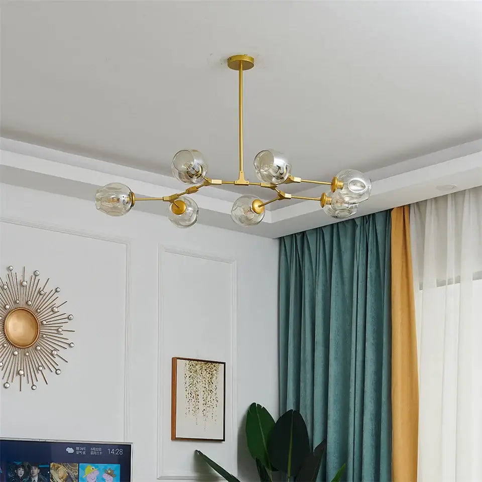 Modern black & gold amber glass ball chandelier dining room pendant