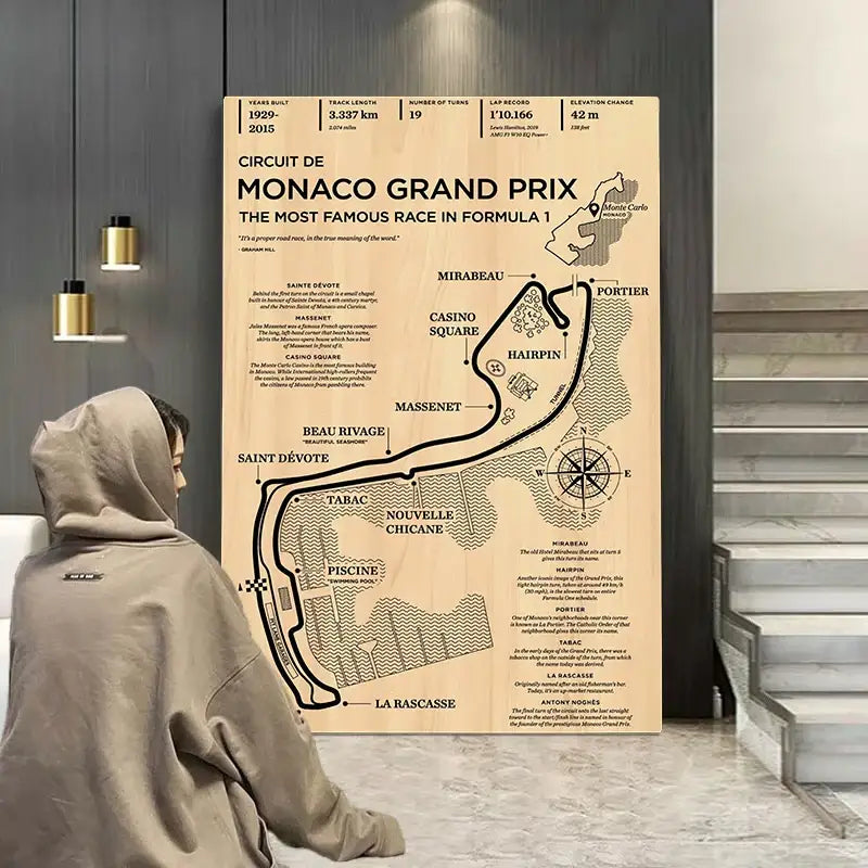 Beige wooden monaco grand prix race track map living room wall art
