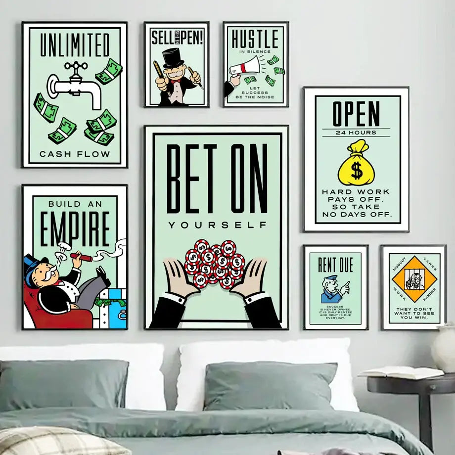 Minimalist mint and blue monopoly millionaire wall art bedroom decor