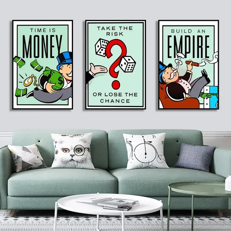 Minimalist mint and blue monopoly millionaire wall art bedroom decor