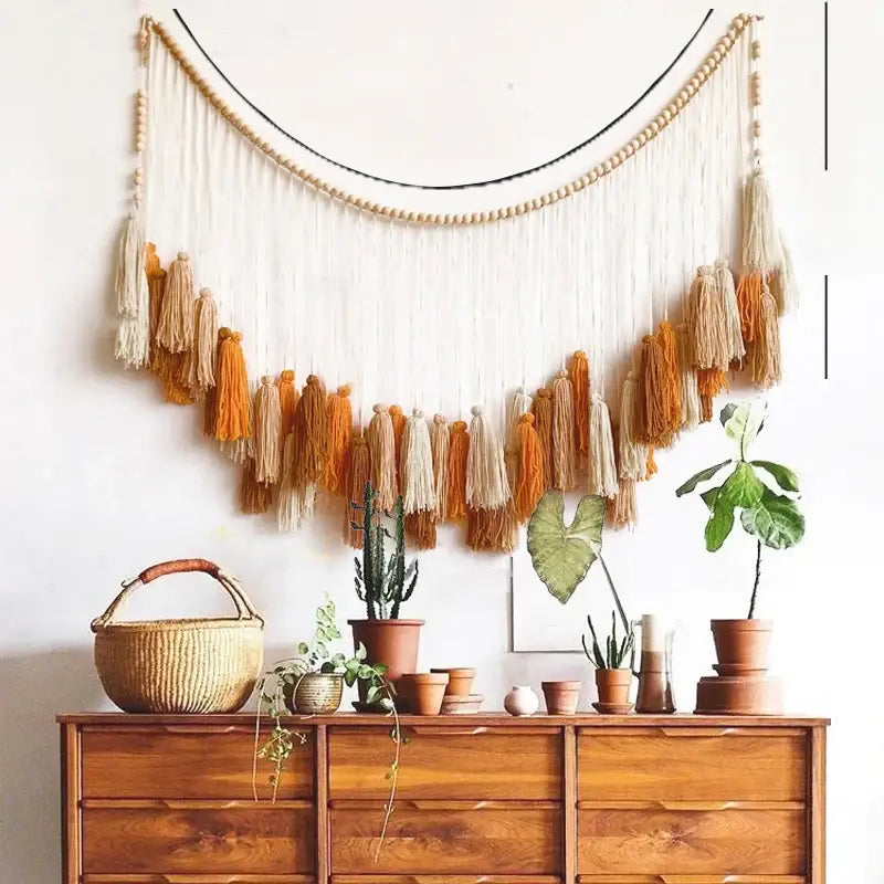 Bohemian wall decor beige & orange macrame tapestry living room art
