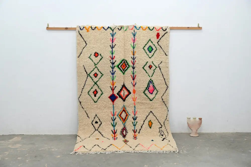 Beige colorful geometric moroccan handmade azilal rug bedroom decor