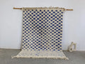 Blue and cream checkered moroccan handmade beni ouarain rug bedroom
