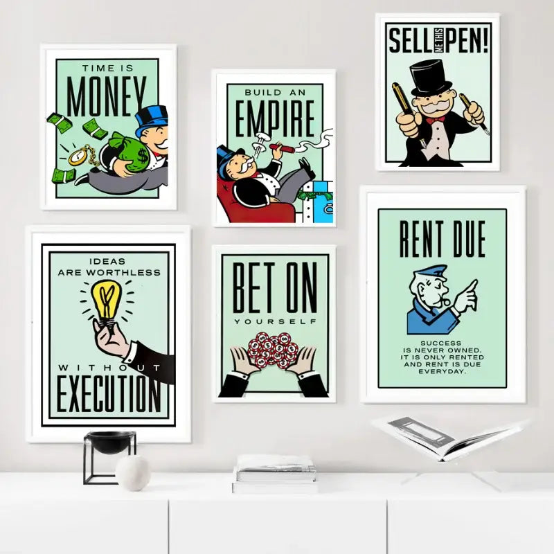 Motivational monopoly millionaire mint green wall art living room decor
