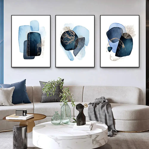 Abstract navy blue geometric wall art set – living room decor