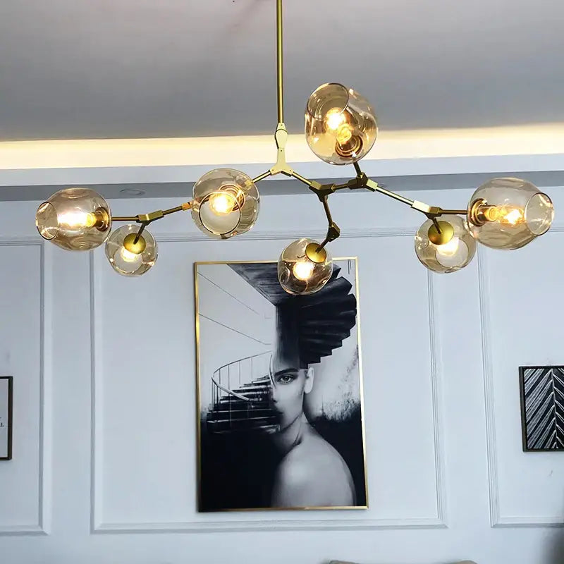 Amber glass globe nordic chandelier dining room hanging light