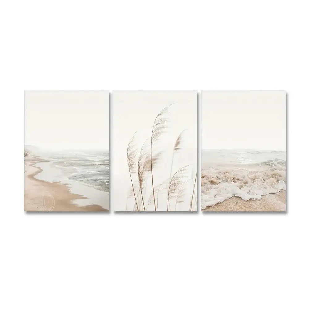 Beige framed seascape canvas wall art set for living room coastal decor