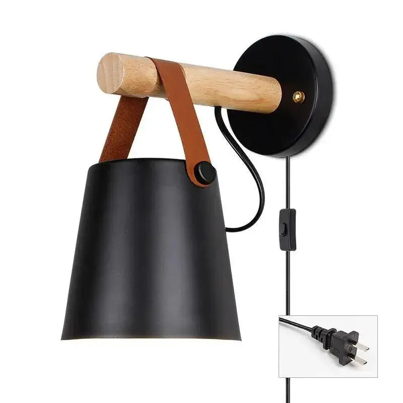 Black matte wooden wall lights with leather strap bedroom sconce