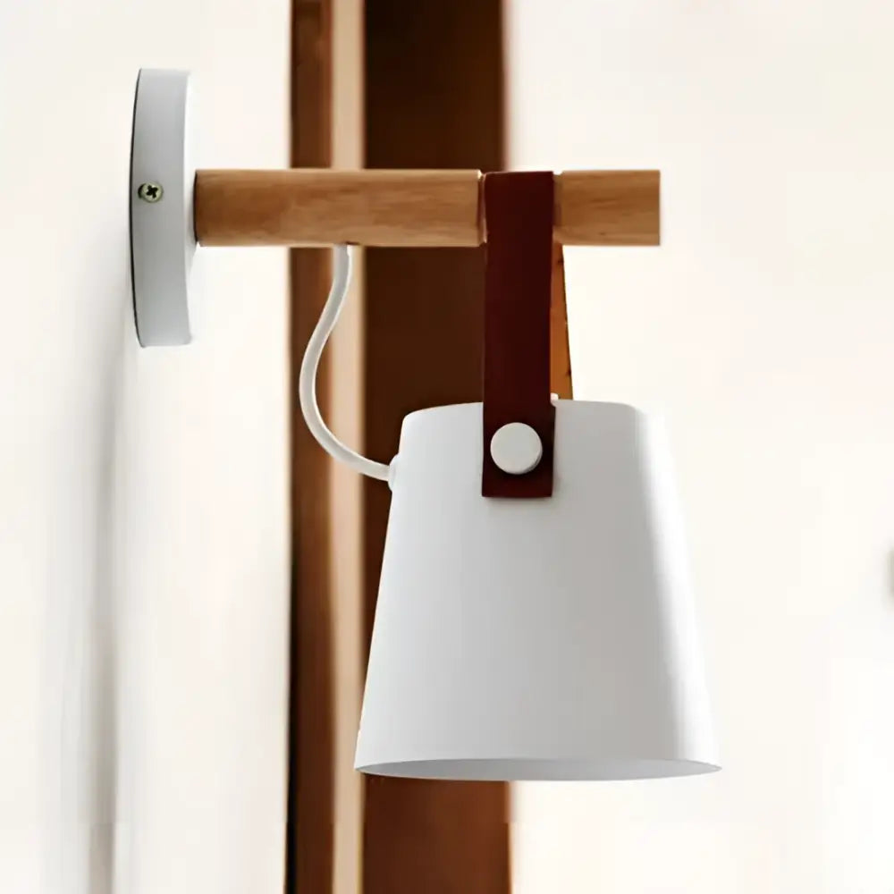 Black matte wooden wall lights with leather strap bedroom sconce