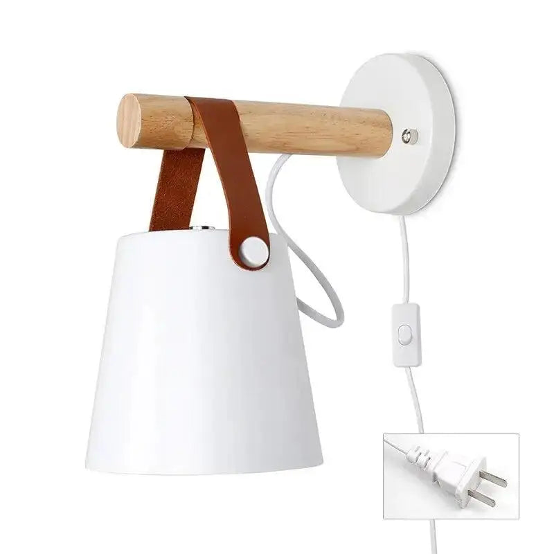 Black matte wooden wall lights with leather strap bedroom sconce