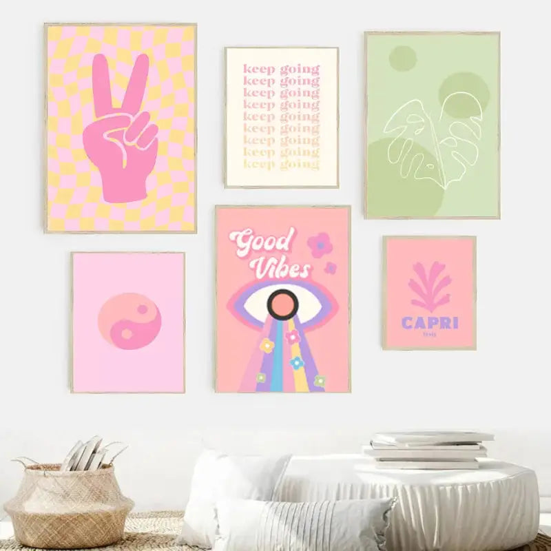 Pastel rainbow and checkered smiley flower wall art nursery decor