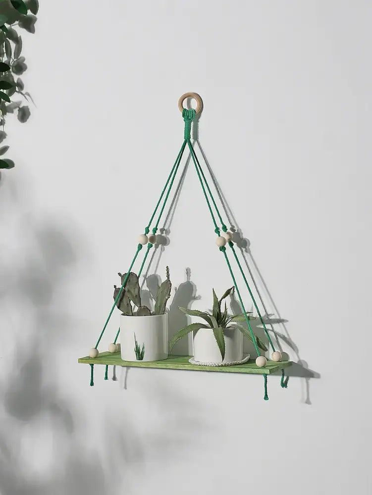 Boho pink green wooden macrame hanging shelf for kids room