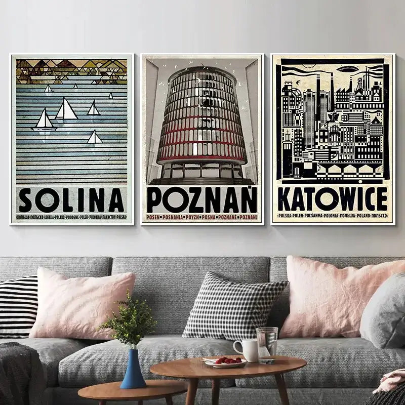 Vintage wrocław teal & gray poland city posters canvas living room