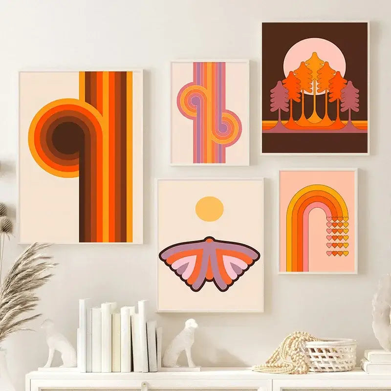 Retro orange & pink wavy art prints living room canvas painting