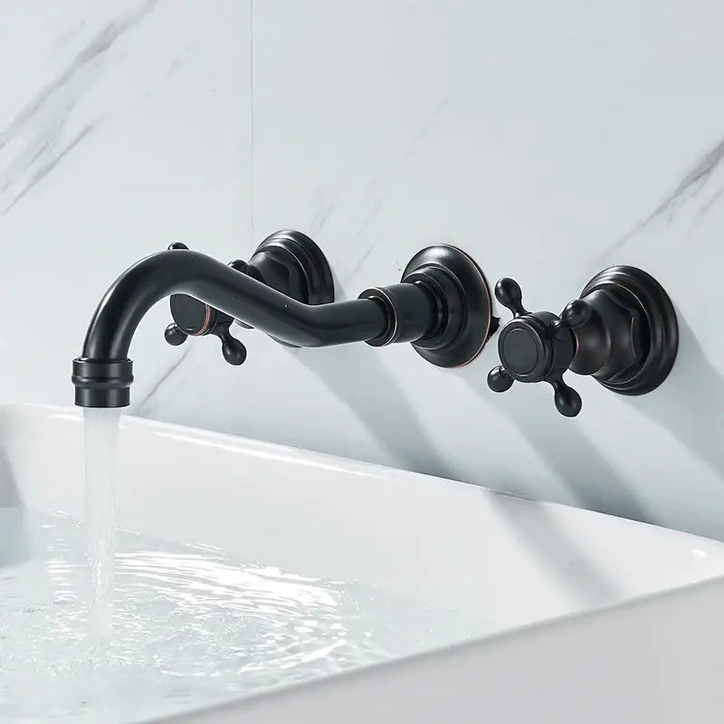 Retro antique brass wall mounted bathroom faucet with dual handles