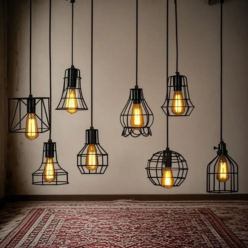 Retro iron art black cage pendant light dining room amber bulb