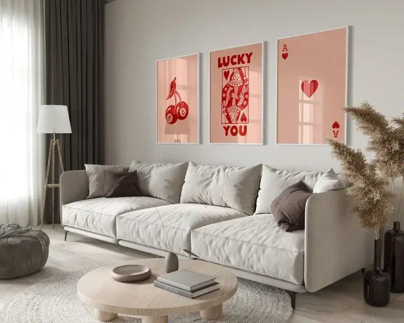 Modern beige sectional sofa and hearts canvas art set living room