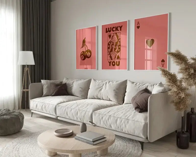 Modern light gray upholstered sofa living room wall art posters