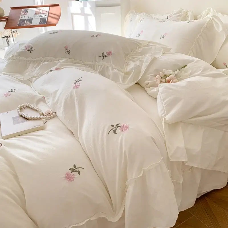 Princess white rose embroidered duvet cover set bedroom ruffled edges