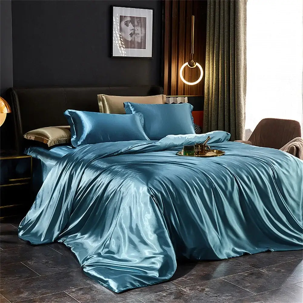 Luxury teal satin sheets and 3 pcs duvet cover bedroom bedding set
