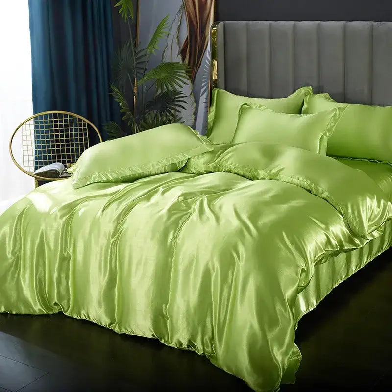 Lush lime green satin duvet cover set bedroom silk bedding