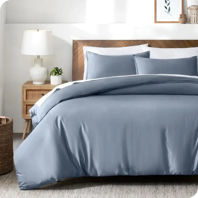 Blue satin silky cooling duvet cover set bedroom bedding