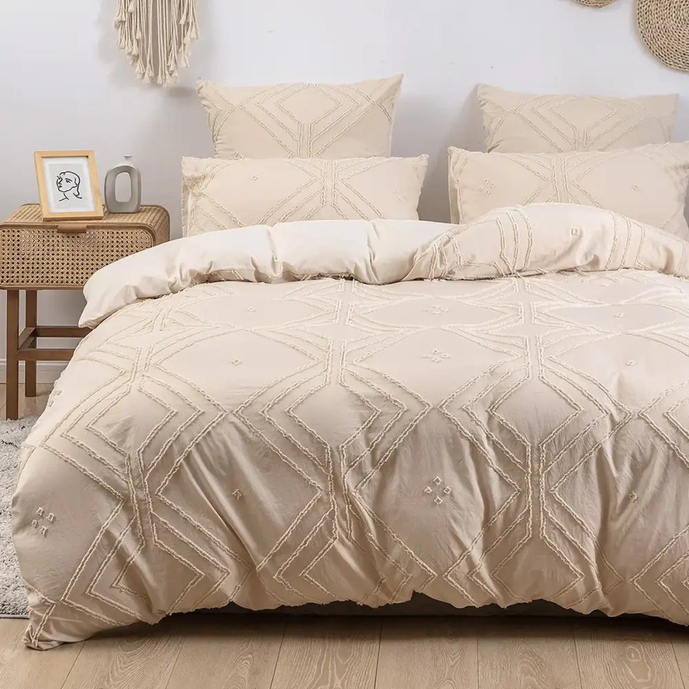 Beige quilted geometric duvet cover set bedroom frayed texture