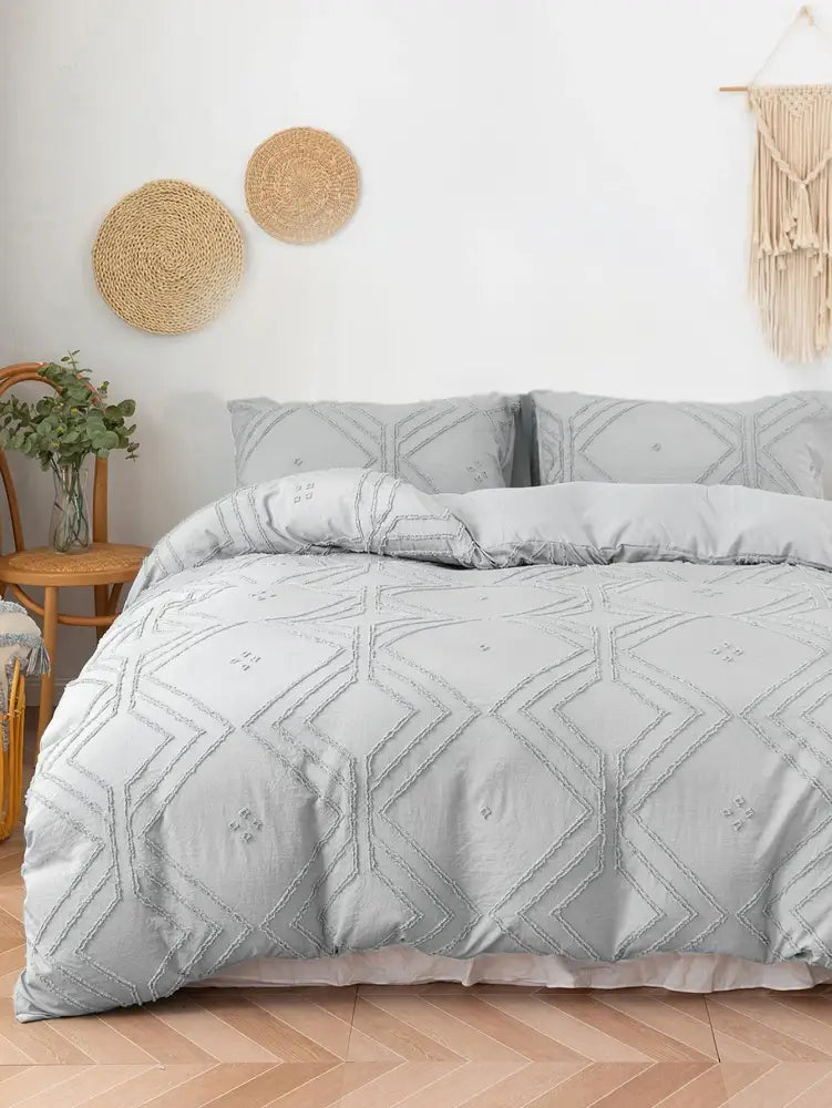 Beige geometric quilted duvet cover set bedroom frayed texture