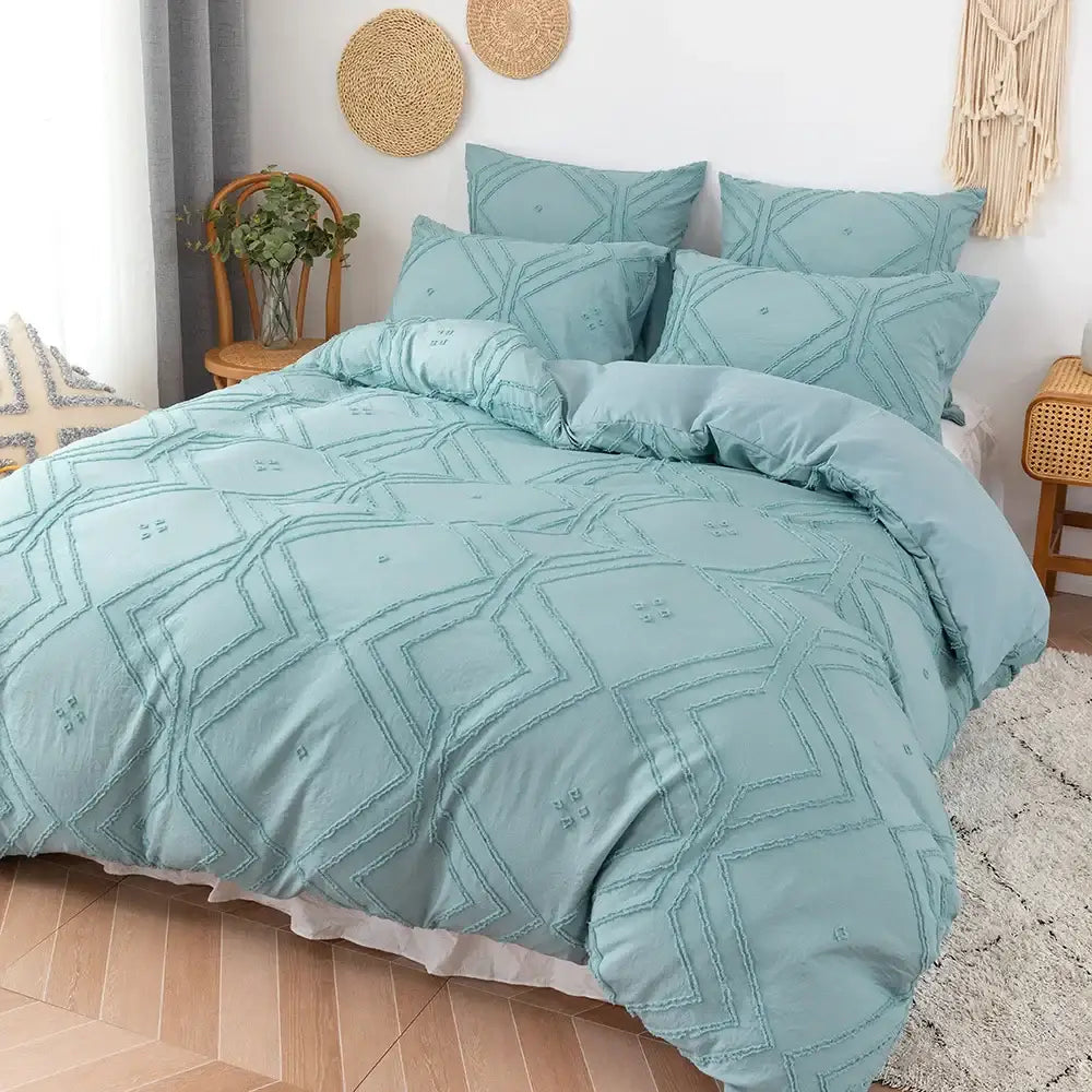 Beige geometric quilted duvet cover set bedroom frayed texture