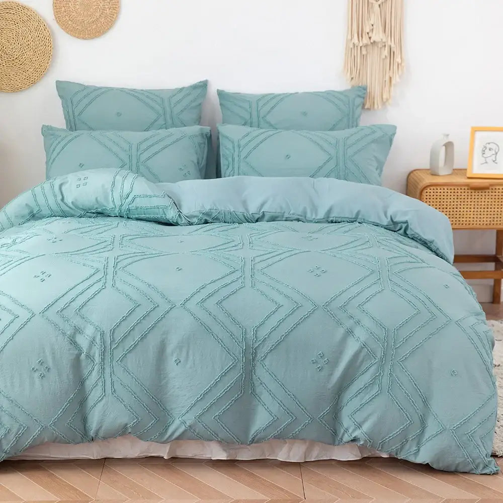 Beige geometric quilted duvet cover set bedroom frayed texture