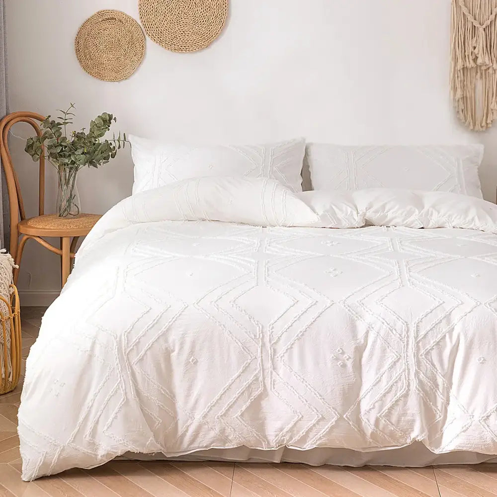 Beige quilted geometric duvet cover set bedroom frayed texture